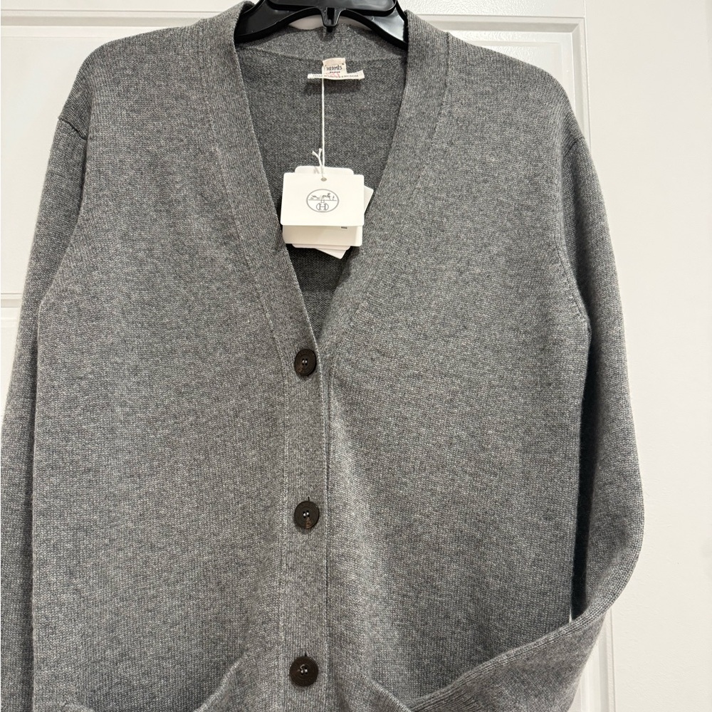 Hermes Long Buttoned Gray Cashmere Cardigan